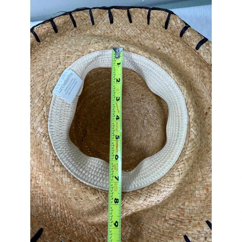 Liz Claiborne Women Natural Straw Sun Hat Wide Brim Whipstitch Detail Tan Brown